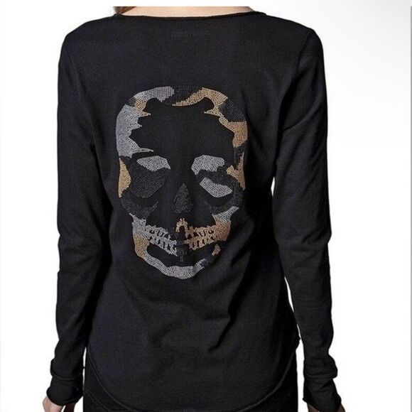 ZADIG & VOLTAIRE | Tunisien Black Henley Shirt Rhinestone Skull Women’s Size M - Picture 1 of 10